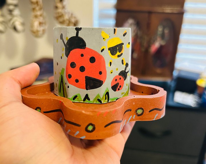 Rockin’ ladybug 1-1 original painted cement plant pot and tray product image (1)