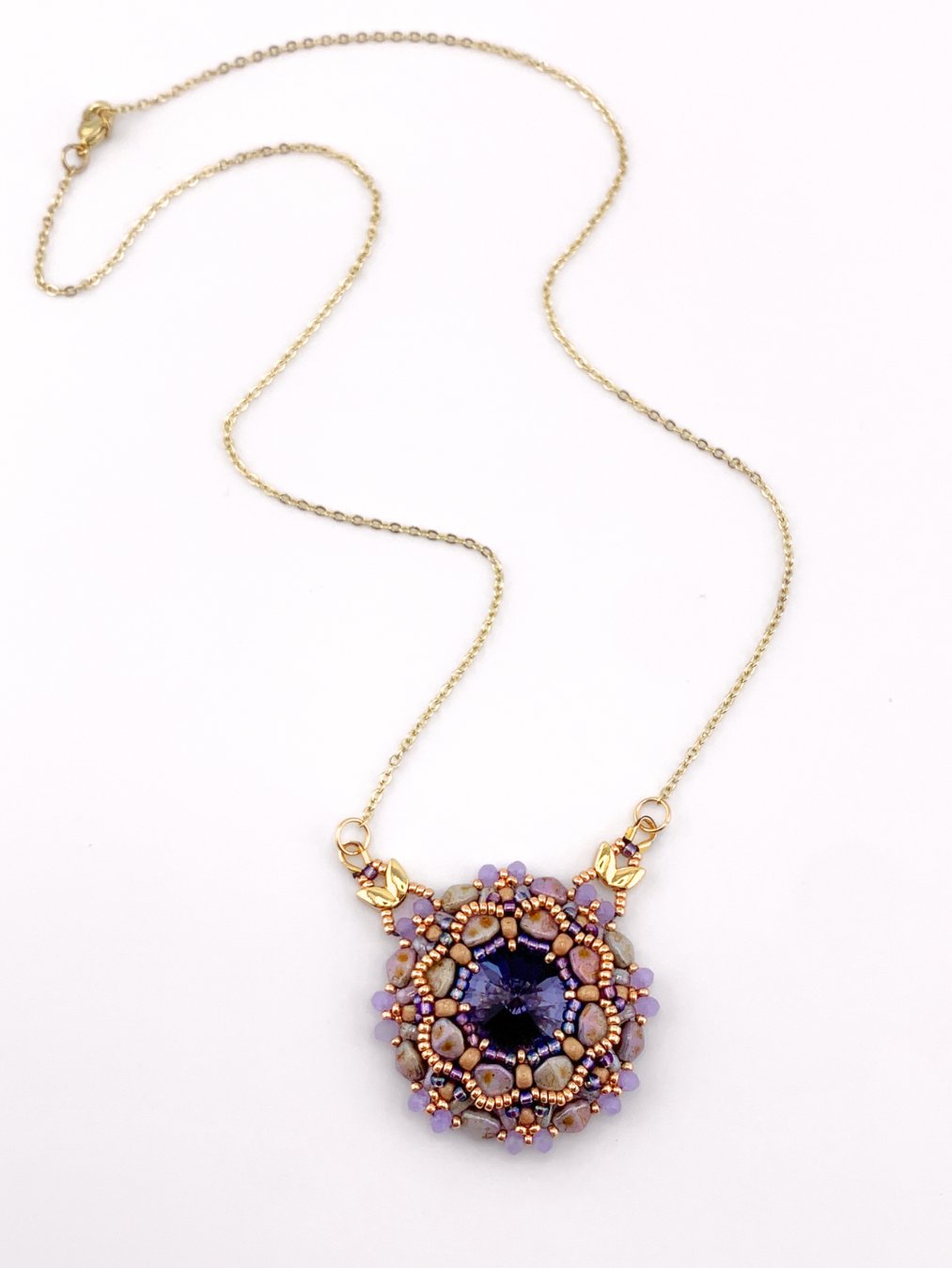 Twilight Bloom Beaded Crystal Pendant Necklace - Purple, Gold product image (5)