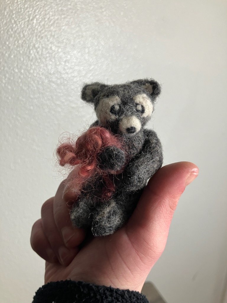Needle Felted Raccoon - Tiny 3" Forest Friend with Red Bouquet - Miniature Solid Wool Sculpture product image (3)