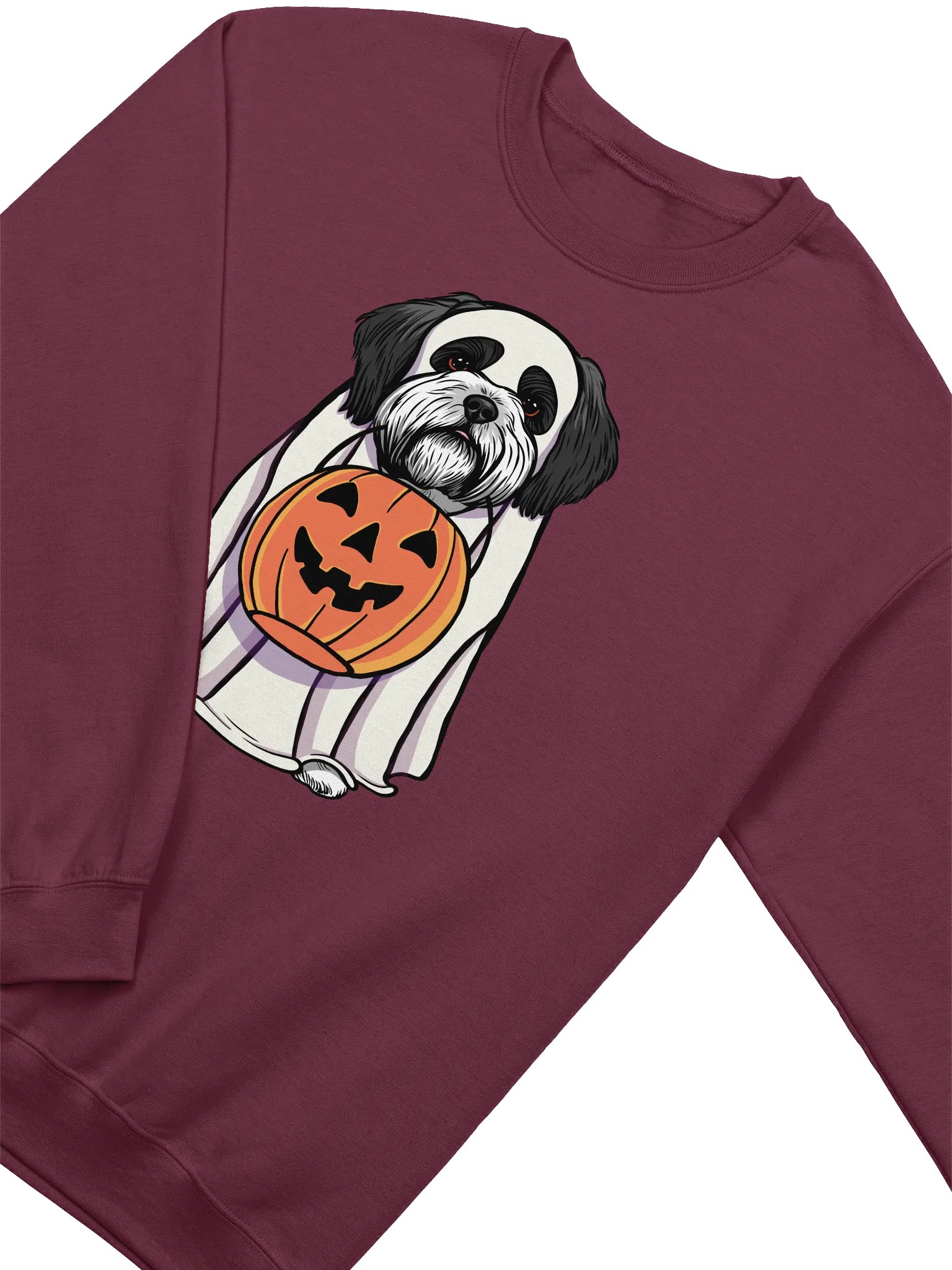 Funny Halloween Shih Tzu(Black & White) Sweatshirt | Funny Dog Wearing a Ghost Costume and Holding a Pumpkin Basket product image (4)