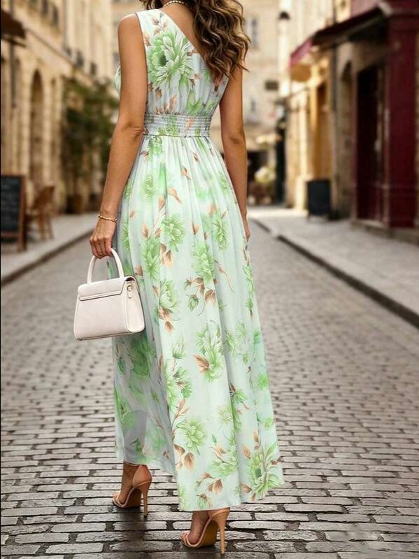 Shop the EMERY ROSE Pink Asymmetrical Peony Print Chiffon Long Dress at ADLEST. Perfect elegant vacation and summer outfit for weddings, parties, and daily wear. product image (8)