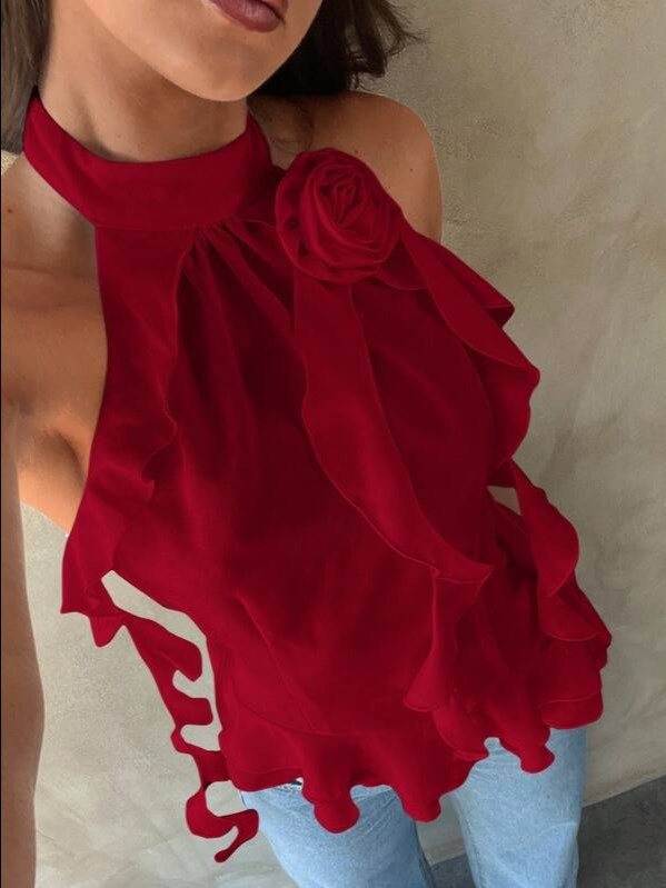 Red Halter Backless Ruffle Floral Applique Top | ADLEST product image (3)