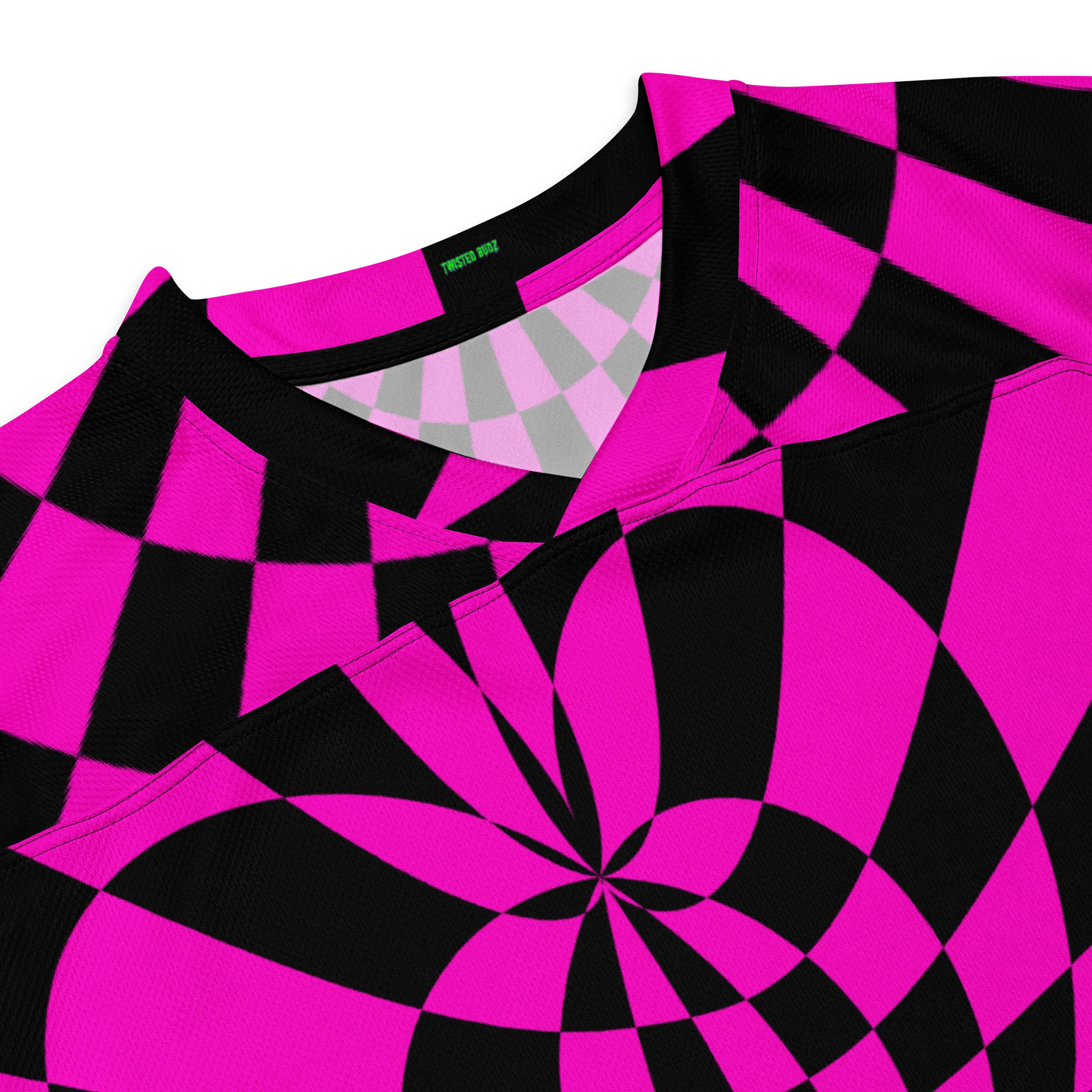 Trippy Techno Rave Hockey Jersey, Original Art EDM Shirt, Psychedelic Checkers Retro Top, Twisted Neon Pink Black Comfy Alternative Clothing product image (5)