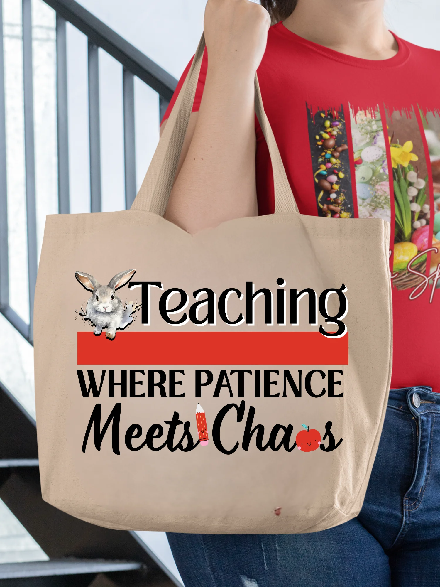 Bunny Teaching Where Patience Meets Chaos, Teacher Eco Tote Bag - Cream product image (1)