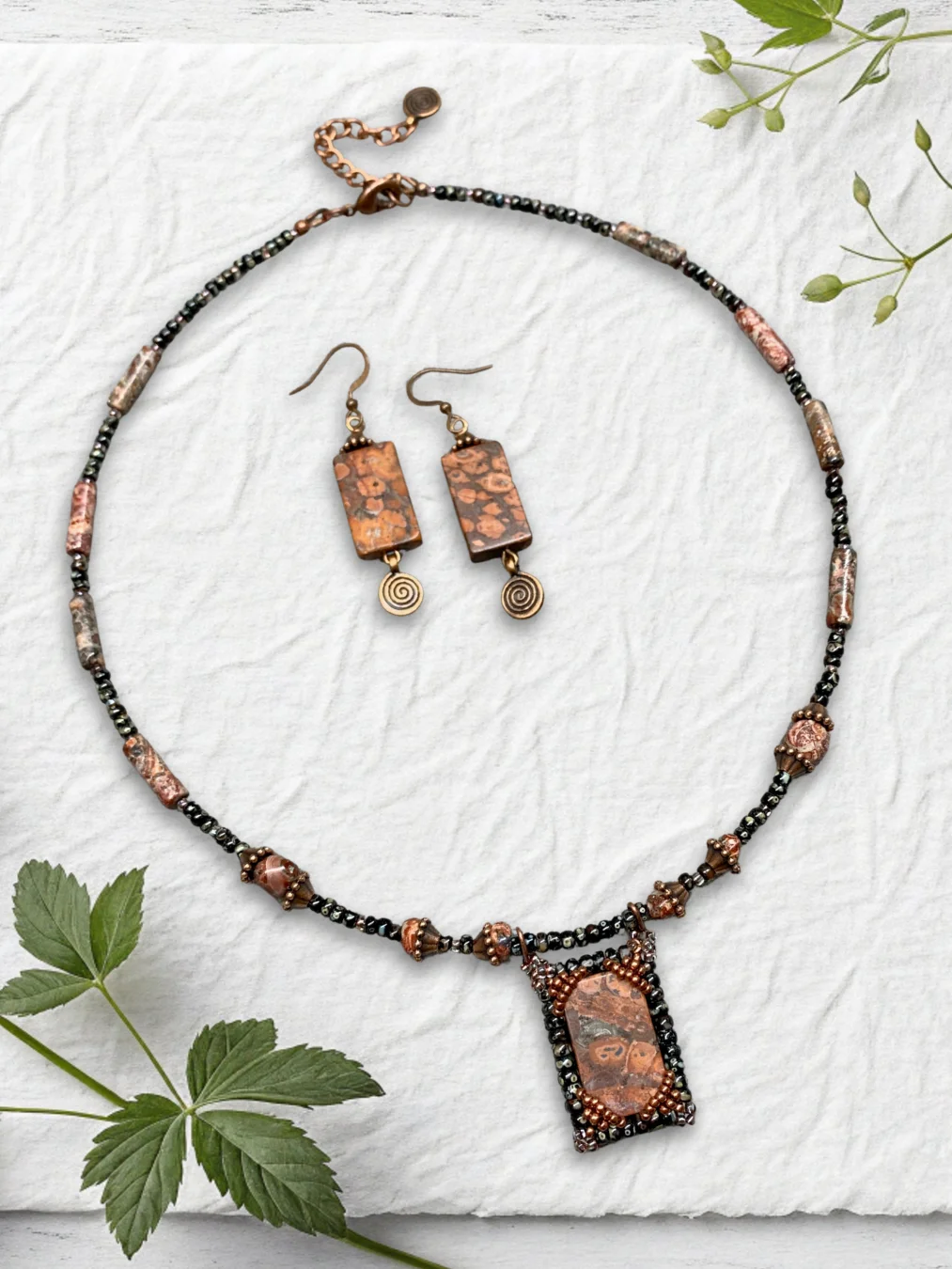 Leopard Print Jasper Red/Black Beaded Pendant Necklace and Earrings product image (1)