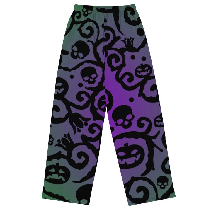 Purple & Green Scary Pumpkins Skull Unisex Wide-Leg Pants product image (1)