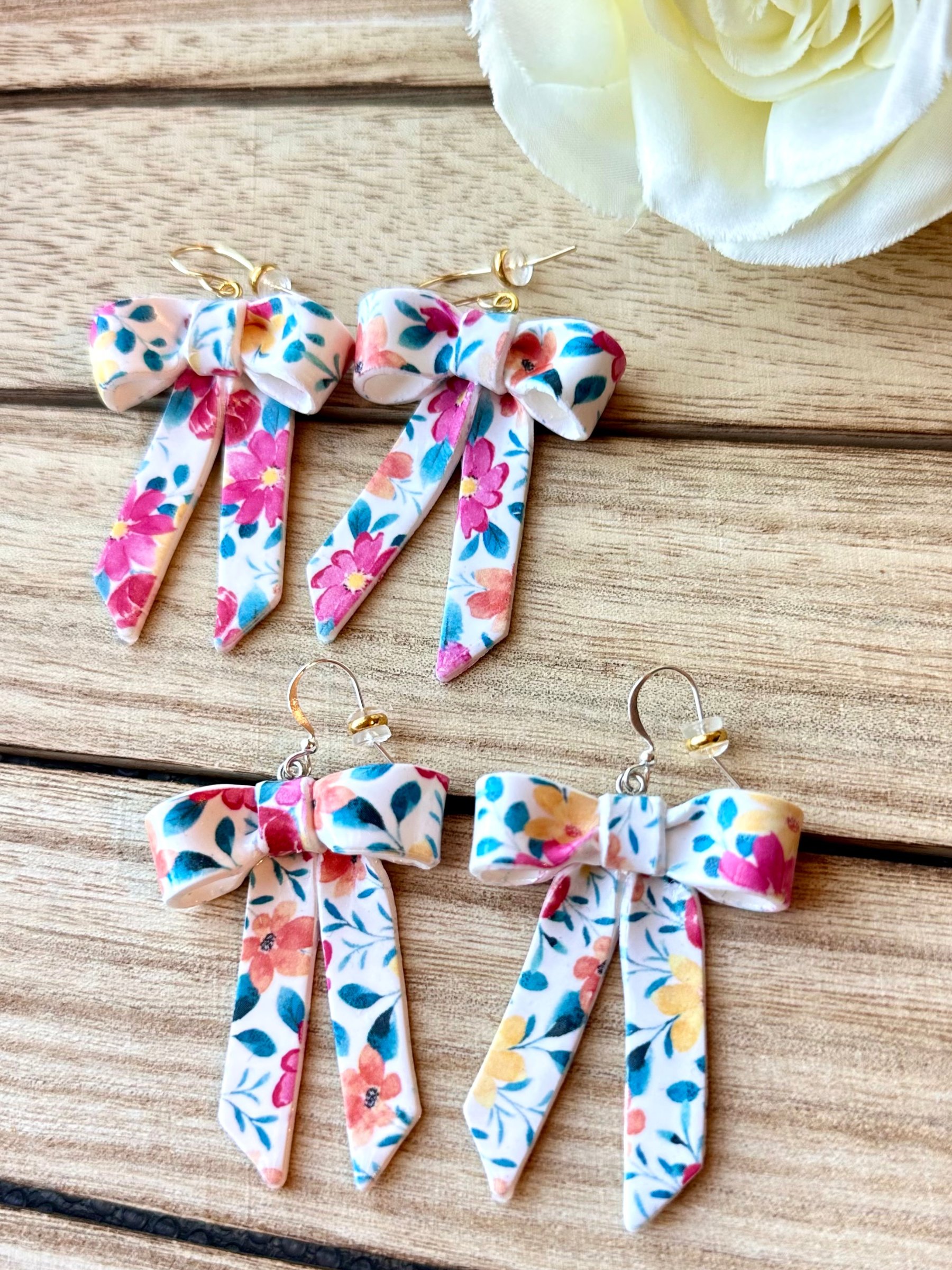 Floral Ribbon Bow Earrings – Handmade Clay Statement Dangles product image (7)