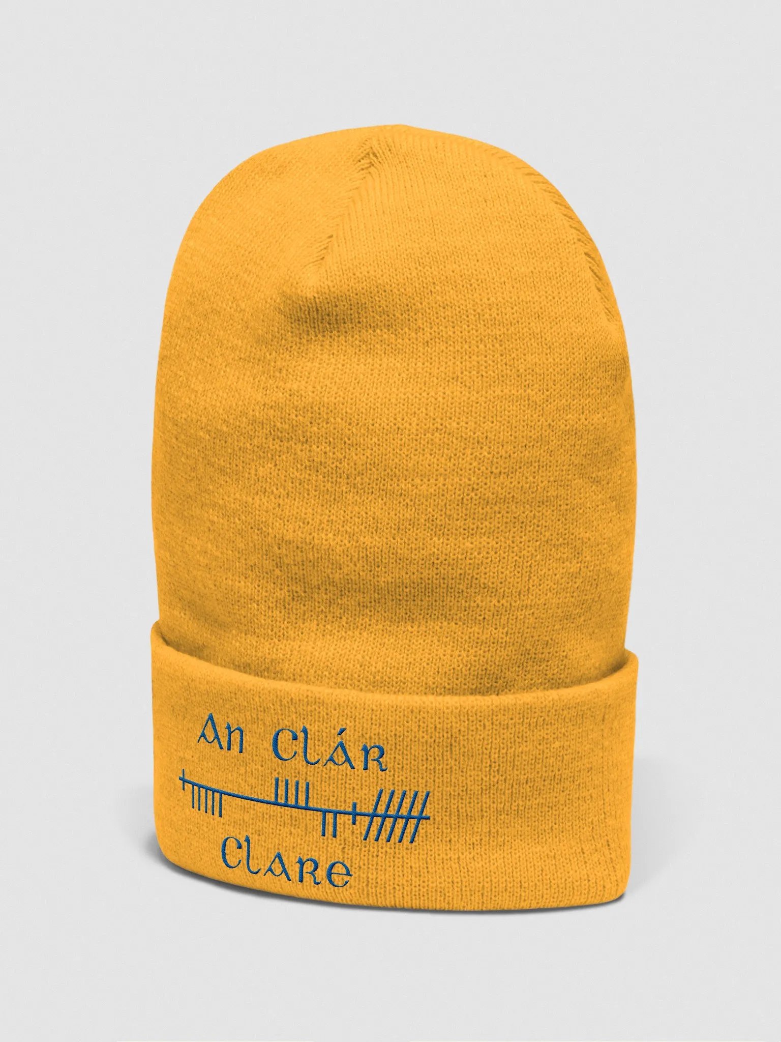 Clare/An Clár, Gold with Blue, Orthodox Style Ogham embroidered Cuffed Beanie product image (2)