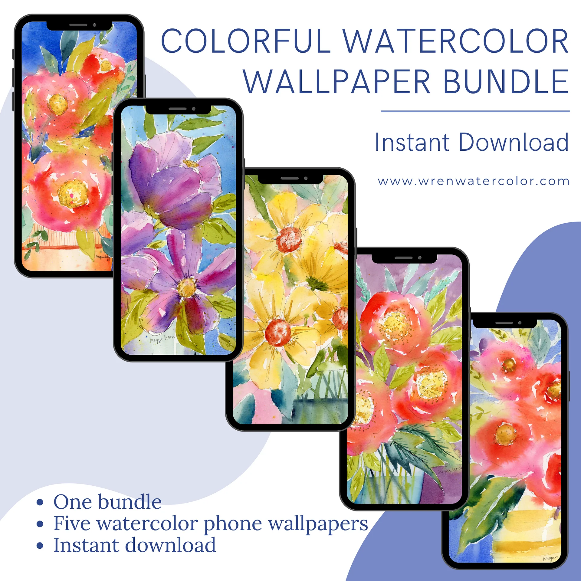 Bloom Bundle - 5 Original Watercolor Phone Wallpapers product image (1)