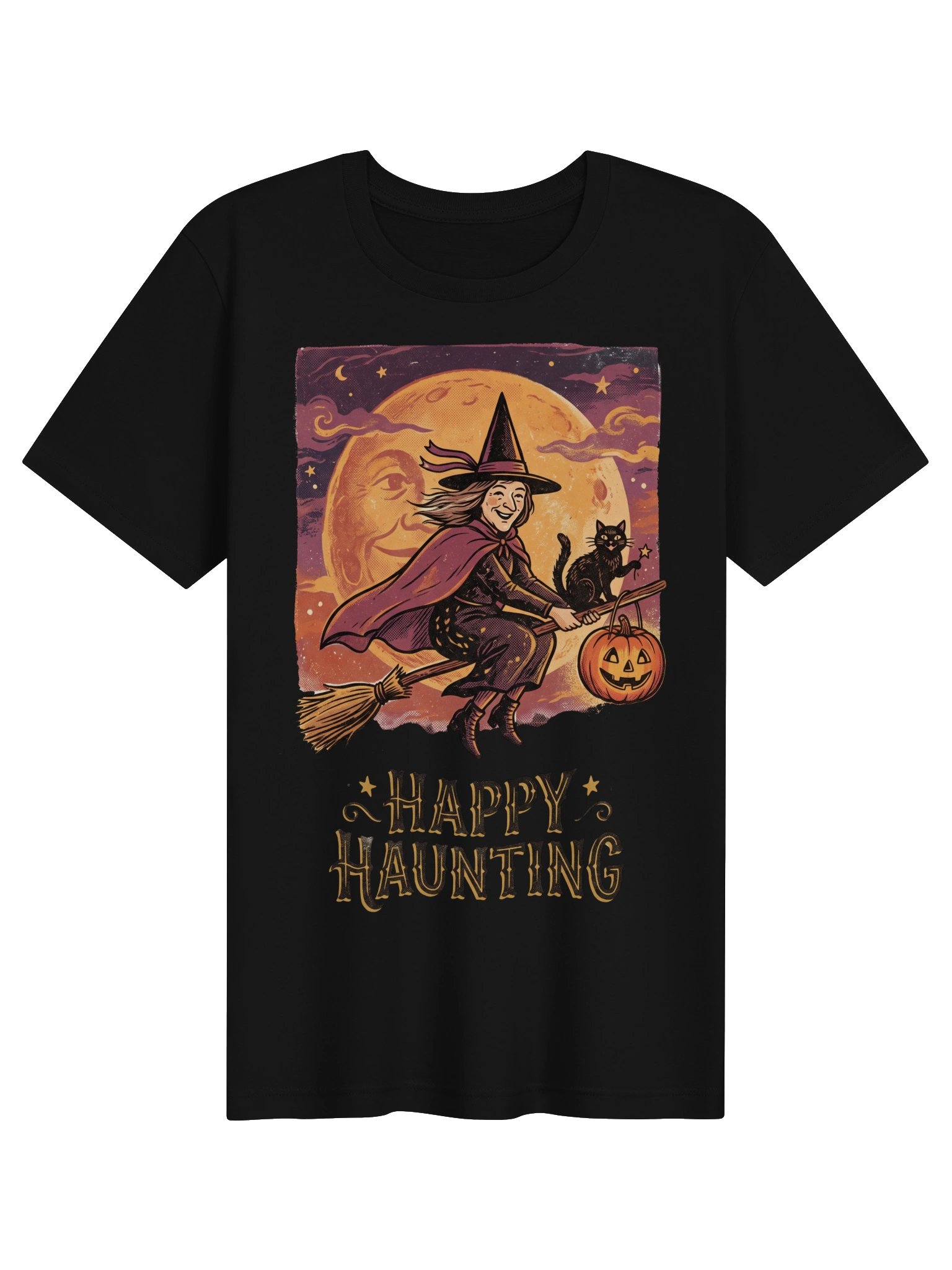 Vintage Halloween Witch T-Shirt, Retro Happy Haunting Black Cat Tee product image (3)