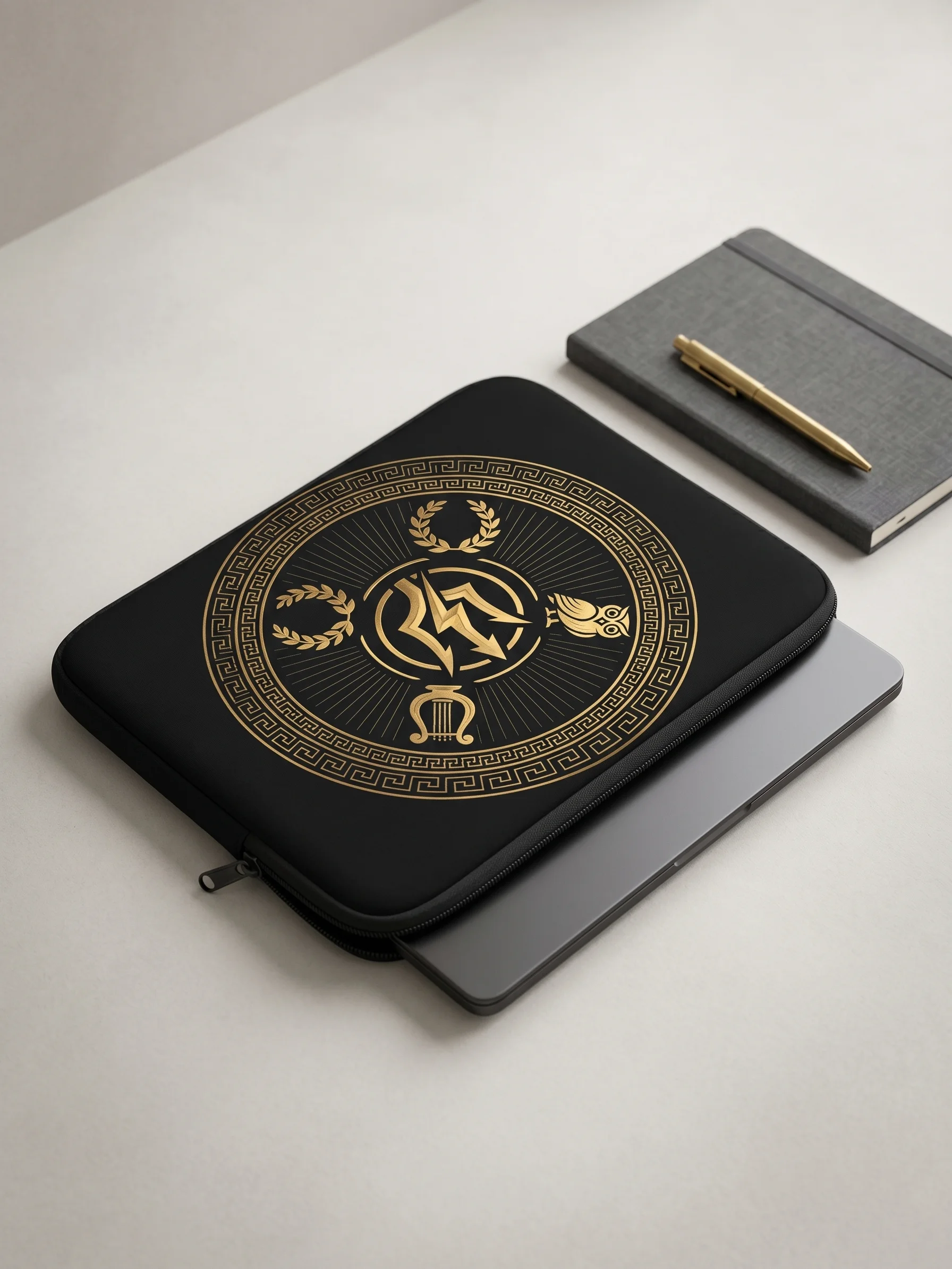 Greek Mythology Trident & Lightning Laptop Sleeve – Gold Medallion Design product image (2)