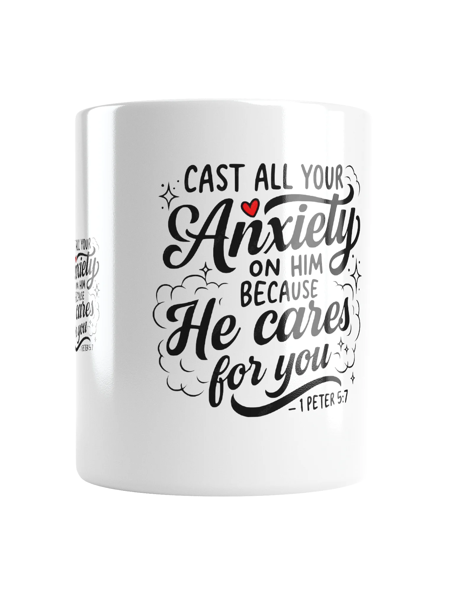 Cast All Your Anxiety White Glossy Mug — 1 Peter 5:7 product image (1)