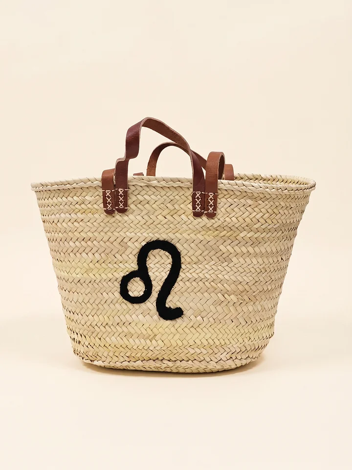Handmade Straw Tote Bag – Leo Zodiac Monogram Market Basket product image (1)