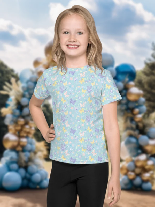 Spring Tiny Print Butterfly Pattern in Turquoise Blue Kids T-Shirt product image (1)