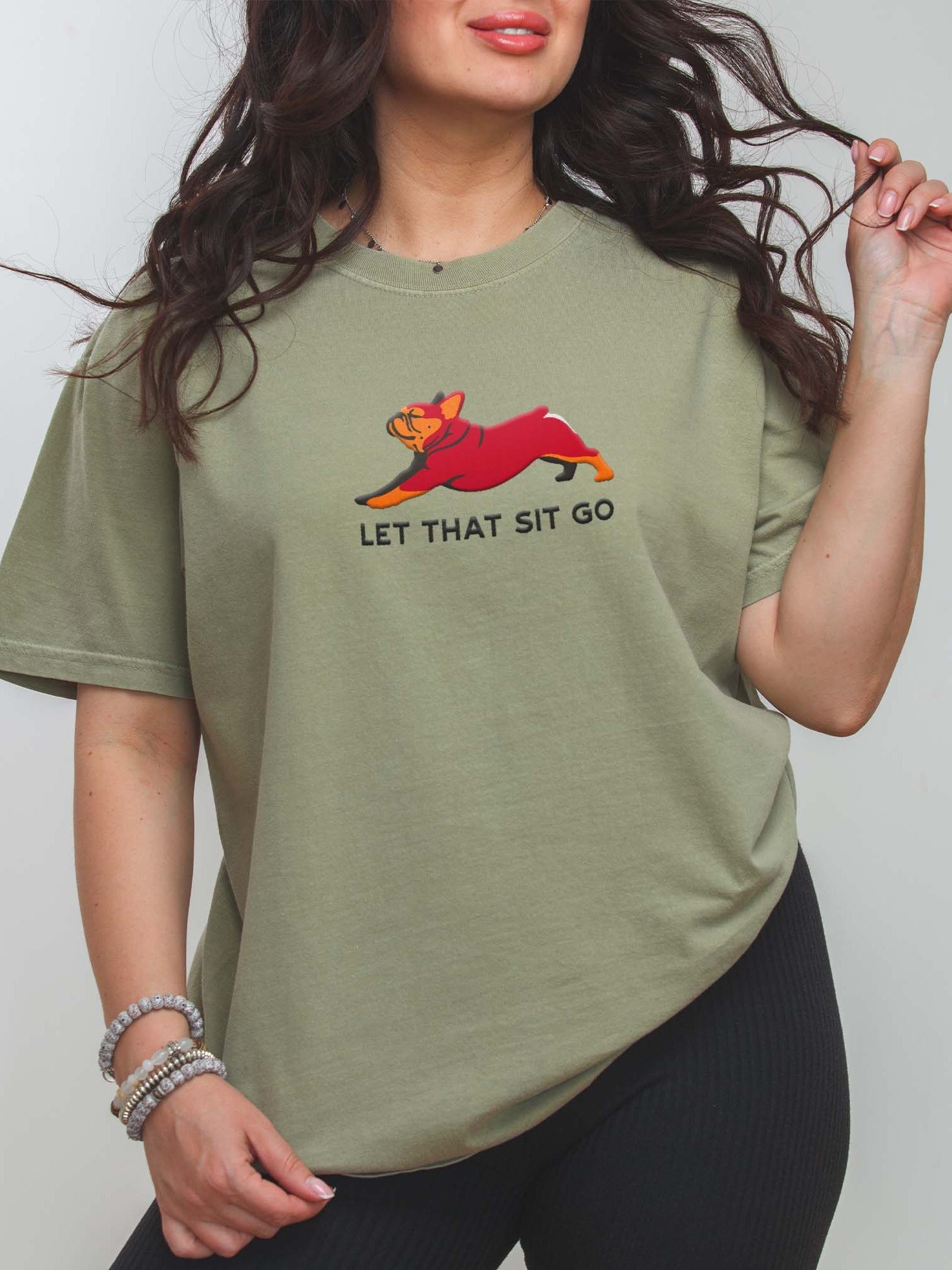Let that Sit Go T-Shirt(Embroidered) of a French Bulldog(Red & Tan) product image (1)
