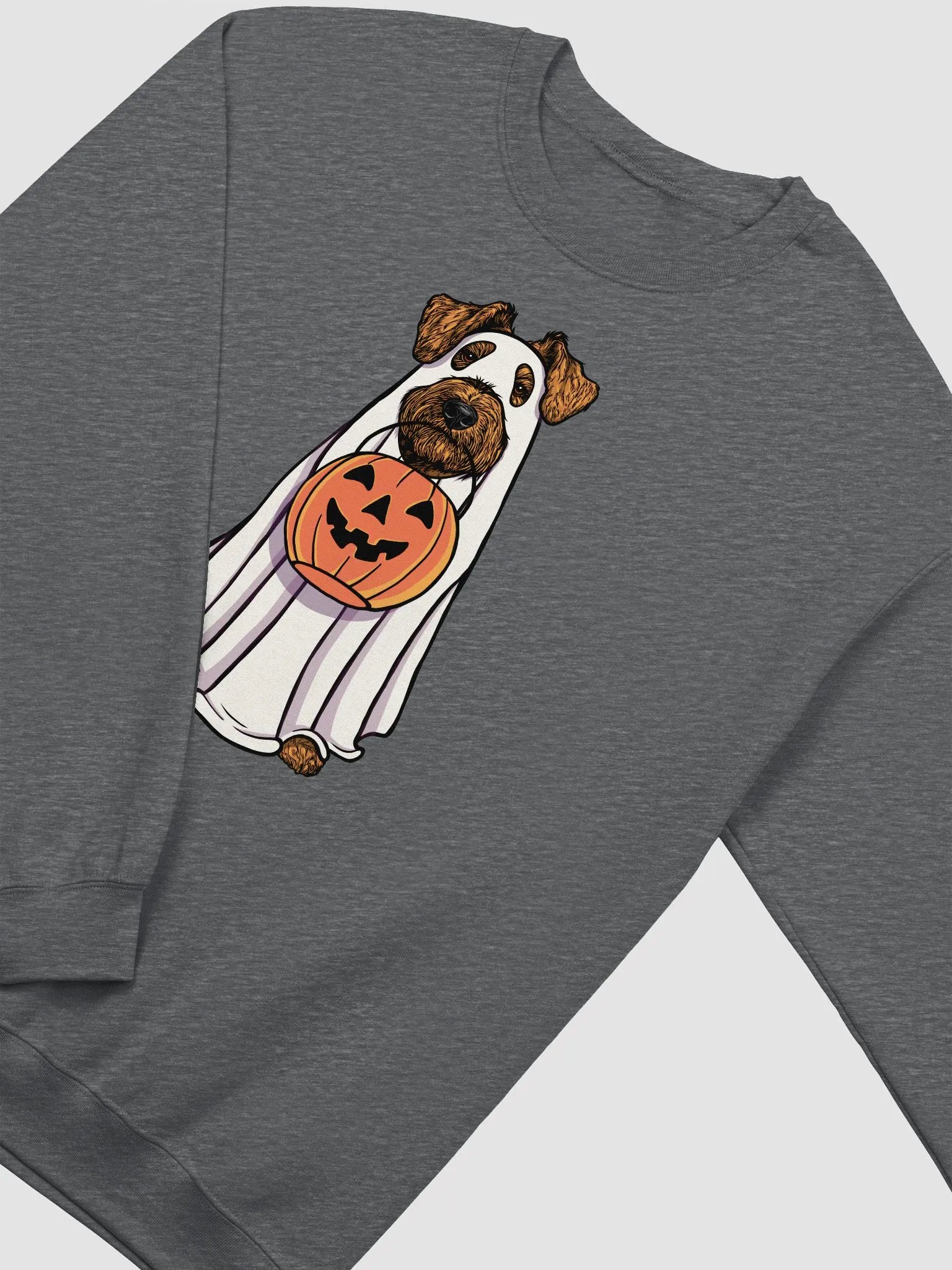 Funny Halloween Airedale Terrier Sweatshirt | Funny Airedale Wearing a Ghost Costume and Holding a Pumpkin Basket product image (4)