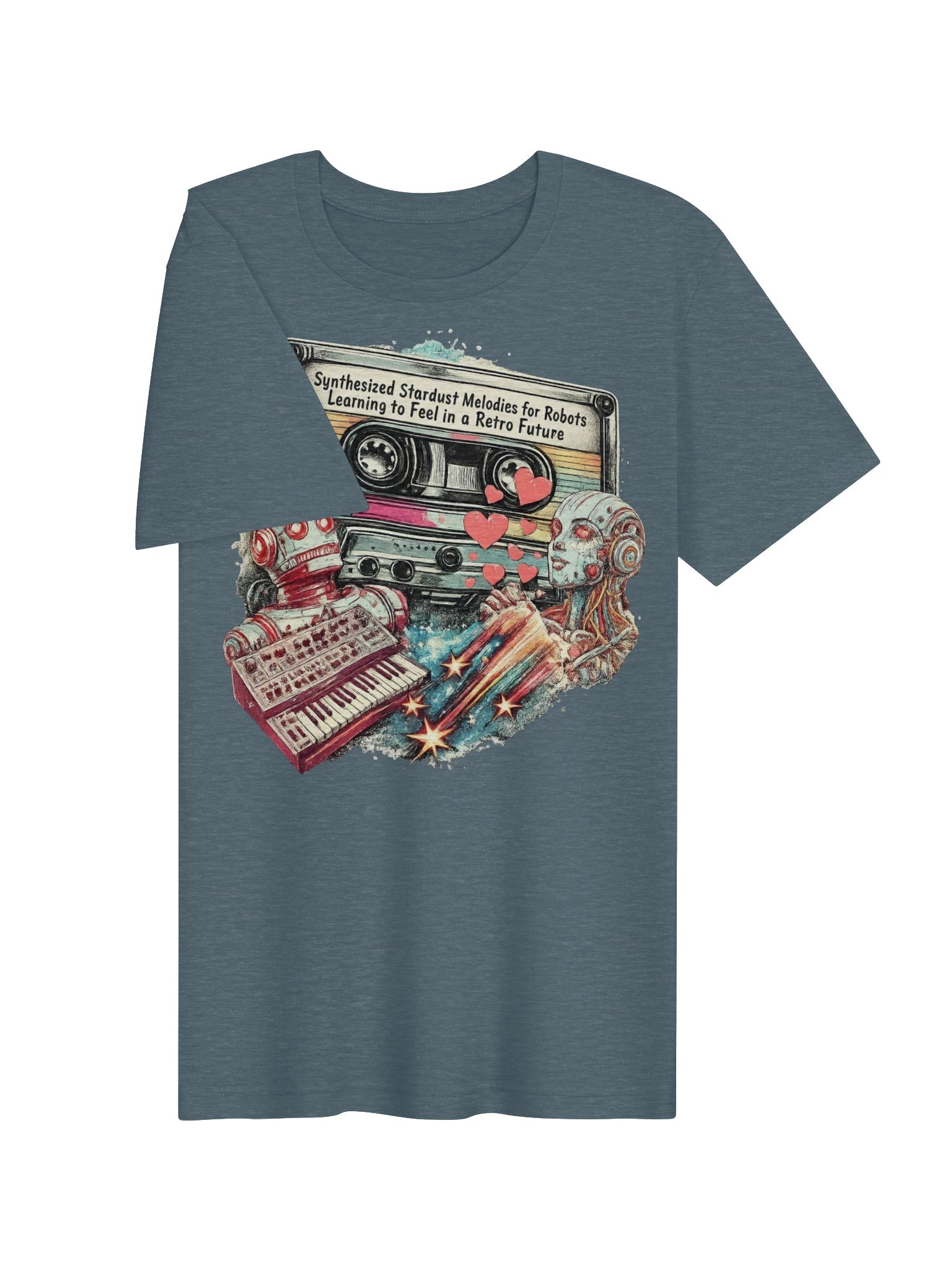 Synthesized Stardust Retro Future Tee, Whimsical Robot Music Lover Shirt product image (4)