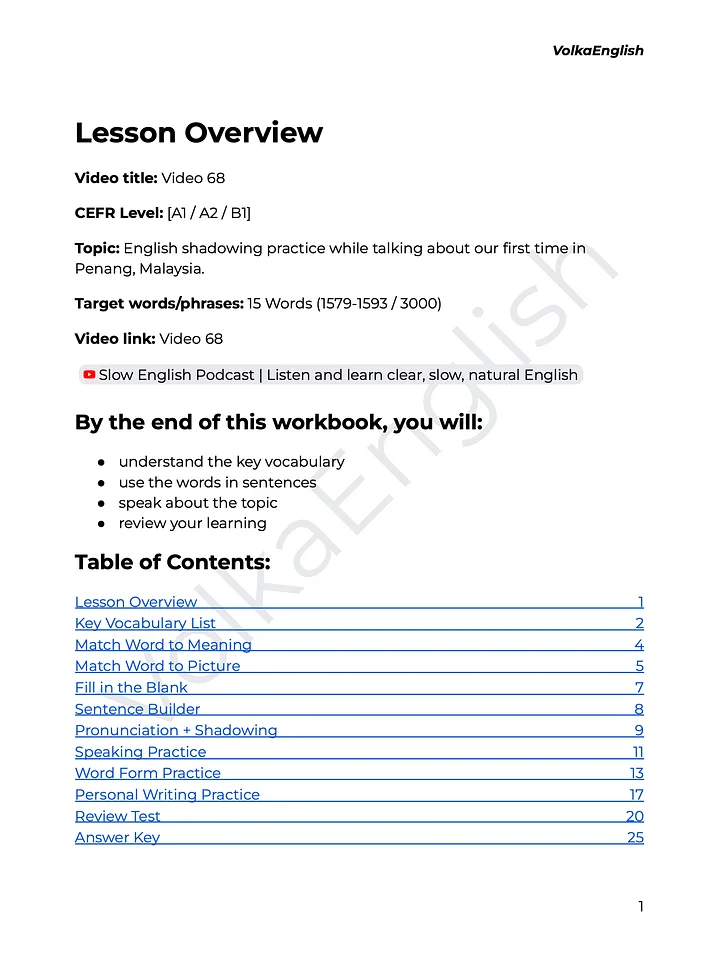 Slow English Podcast | Listen and learn clear, slow, natural English - Video 68 Study Pack product image (2)