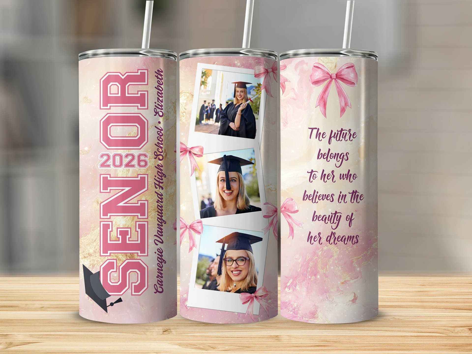 Graduation Photo 20oz Tumbler Wrap PNG, Polaroid Picture Tumbler Pink Coquette Gold, Seamless Sublimation Senior High School, Download product image (5)