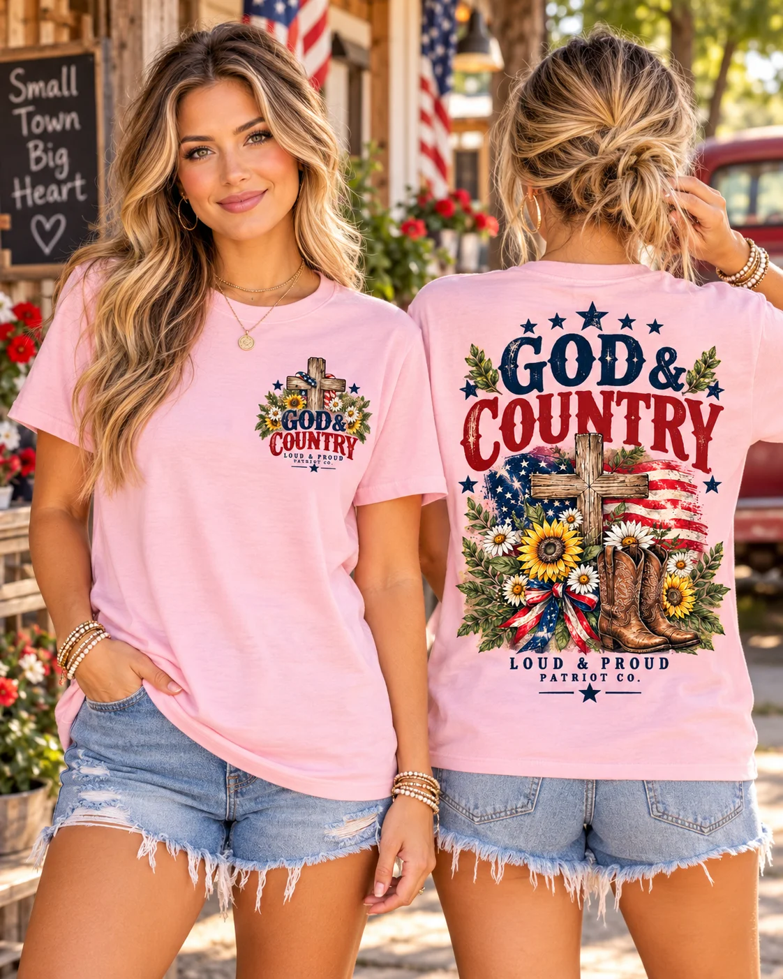 God & Country – Women's Patriotic Graphic Tee | Light Pink Bella+Canvas product image (3)