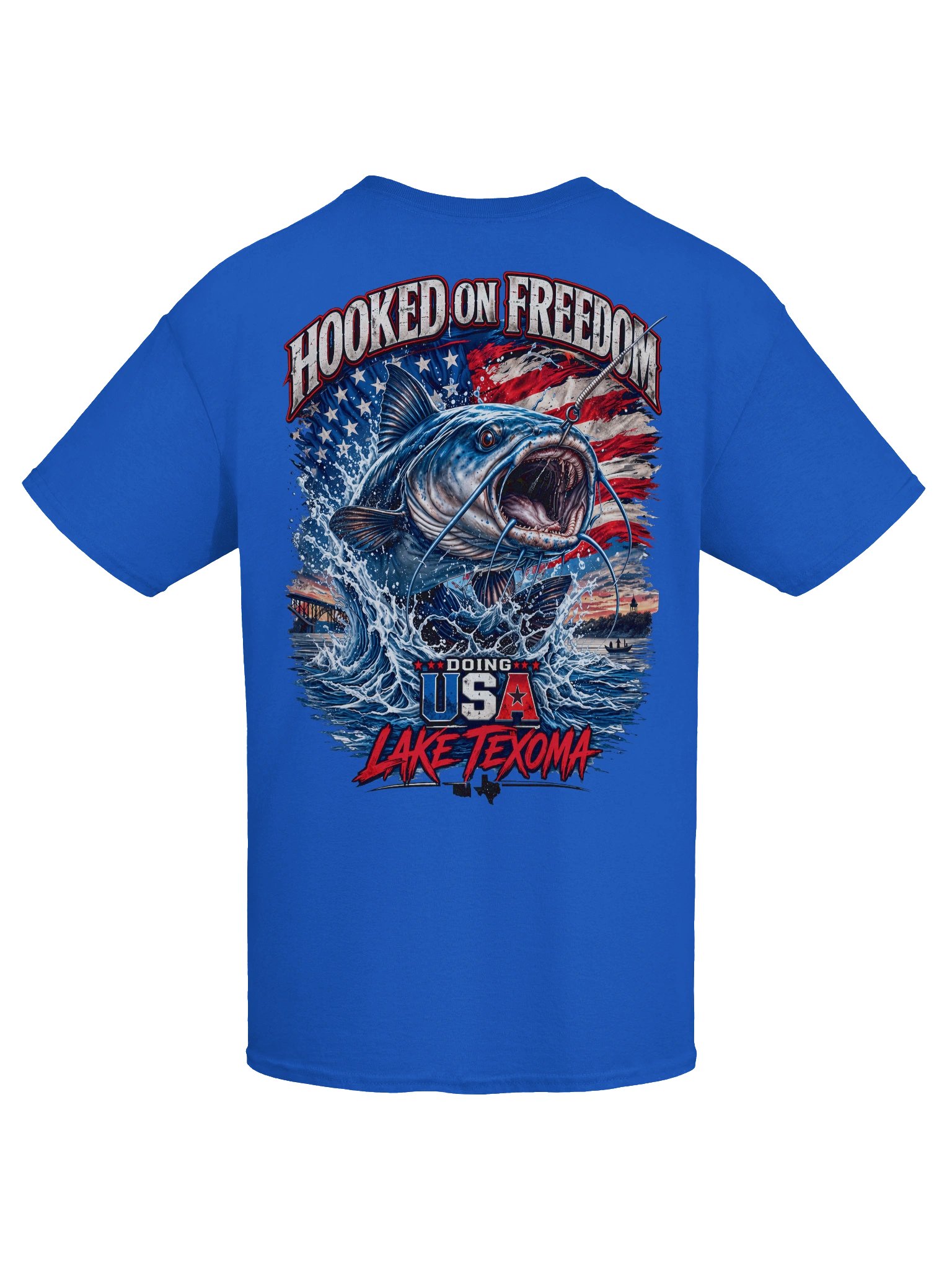 Hooked On Freedom - Patriotic Lake Texoma Fishing T-Shirt | Gildan 5000 Heavy Cotton Tee product image (4)