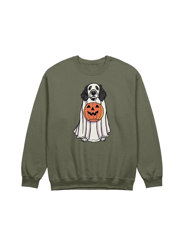 Funny Halloween Springer Spaniel(Tricolor) Sweatshirt | Funny Springer Spaniel Wearing a Ghost Costume and Holding a Pumpkin Basket product image (1)