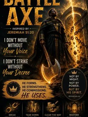 Battle Axe is a prophetic anthem inspired by Jeremiah 51:20, a call to be formed, strengthened, and commissioned for Kingdom assignment. We don’t move without His voice. We don’t strike without His decree. He forms, he strengthens, he commissions, and he uses. #BattleAxe #PropheticWorship #PrayerMovement #KingdomAssignment #Jeremiah51:20 