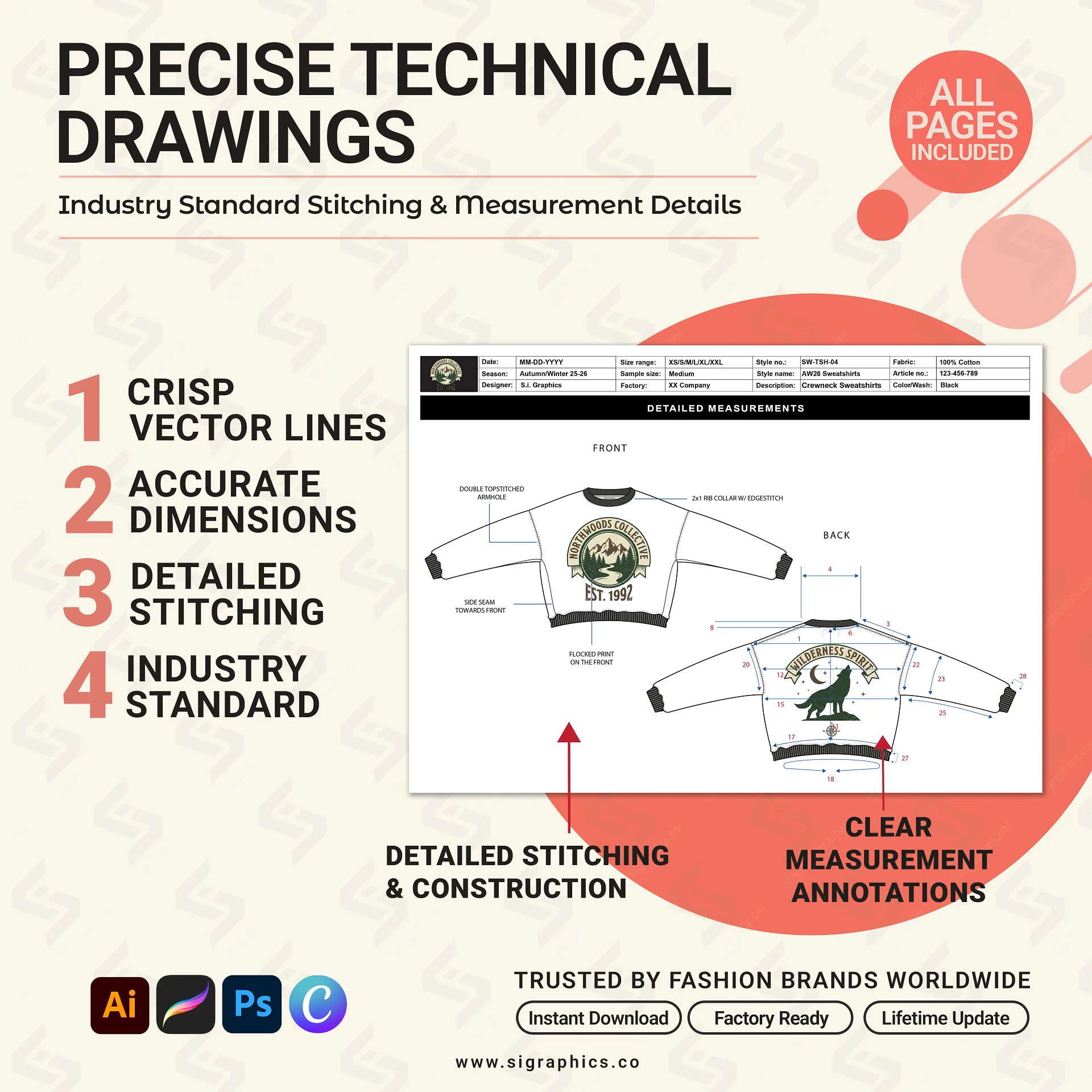 Crewneck Sweater Sweatshirt Tech Pack Template product image (4)