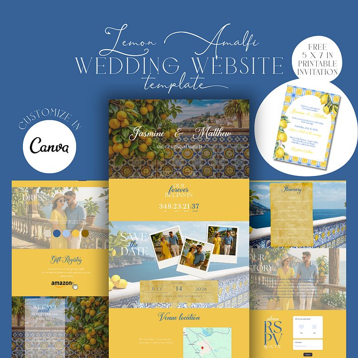 Lemon Wedding Website Template | Amalfi Citrus Theme | Editable Canva Template | Destination Wedding | RSVP Website | 5x7 Invite Included product image (1)