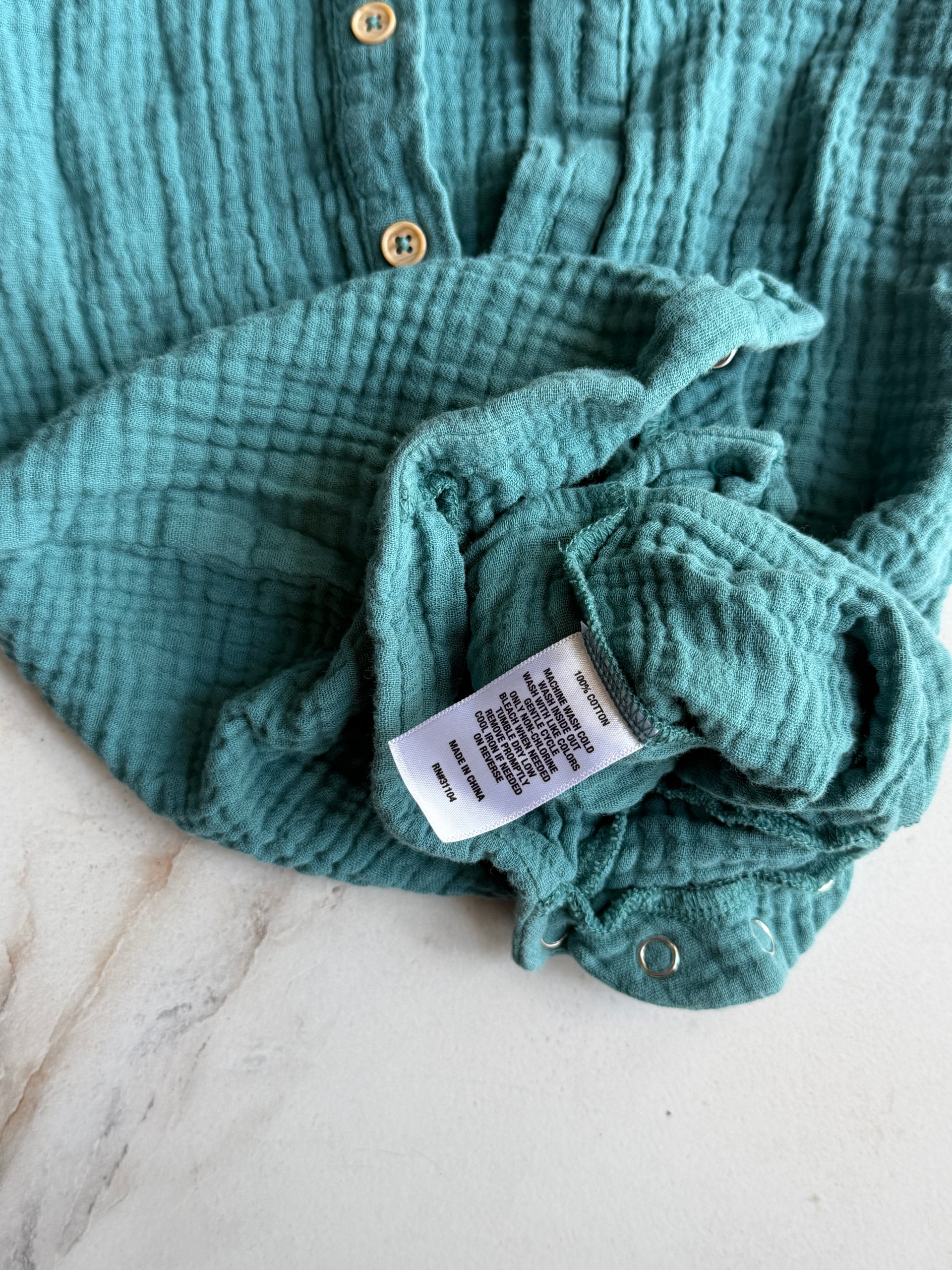 Wanderly 18M 100% Cotton Gauze Romper | Teal Button Front Baby One Piece product image (2)
