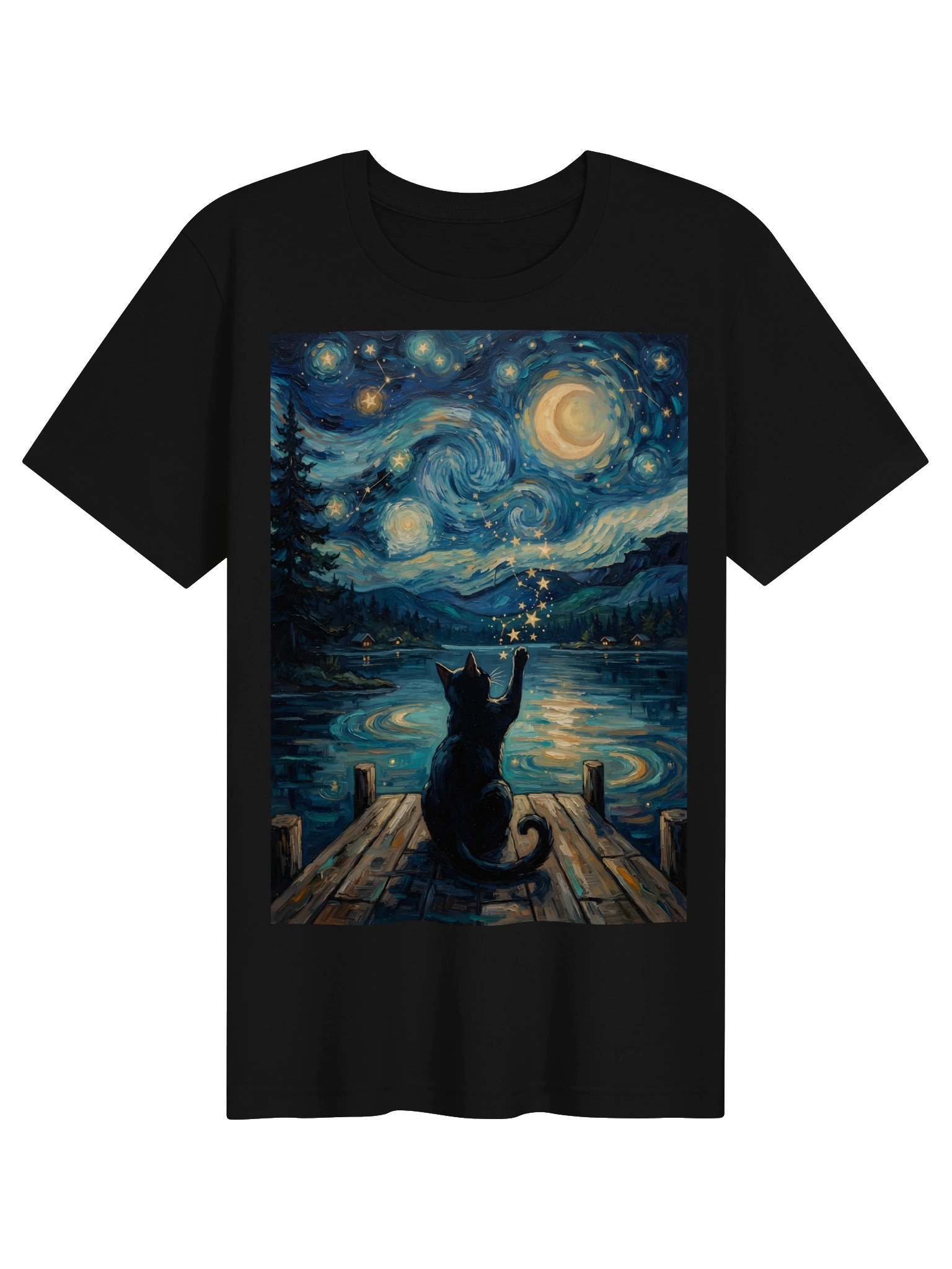 Celestial Cat T-Shirt, Moon & Stars Night Sky Graphic Tee, Magical Lake Cat Shirt, Vintage Cosmic Nature Apparel product image (1)