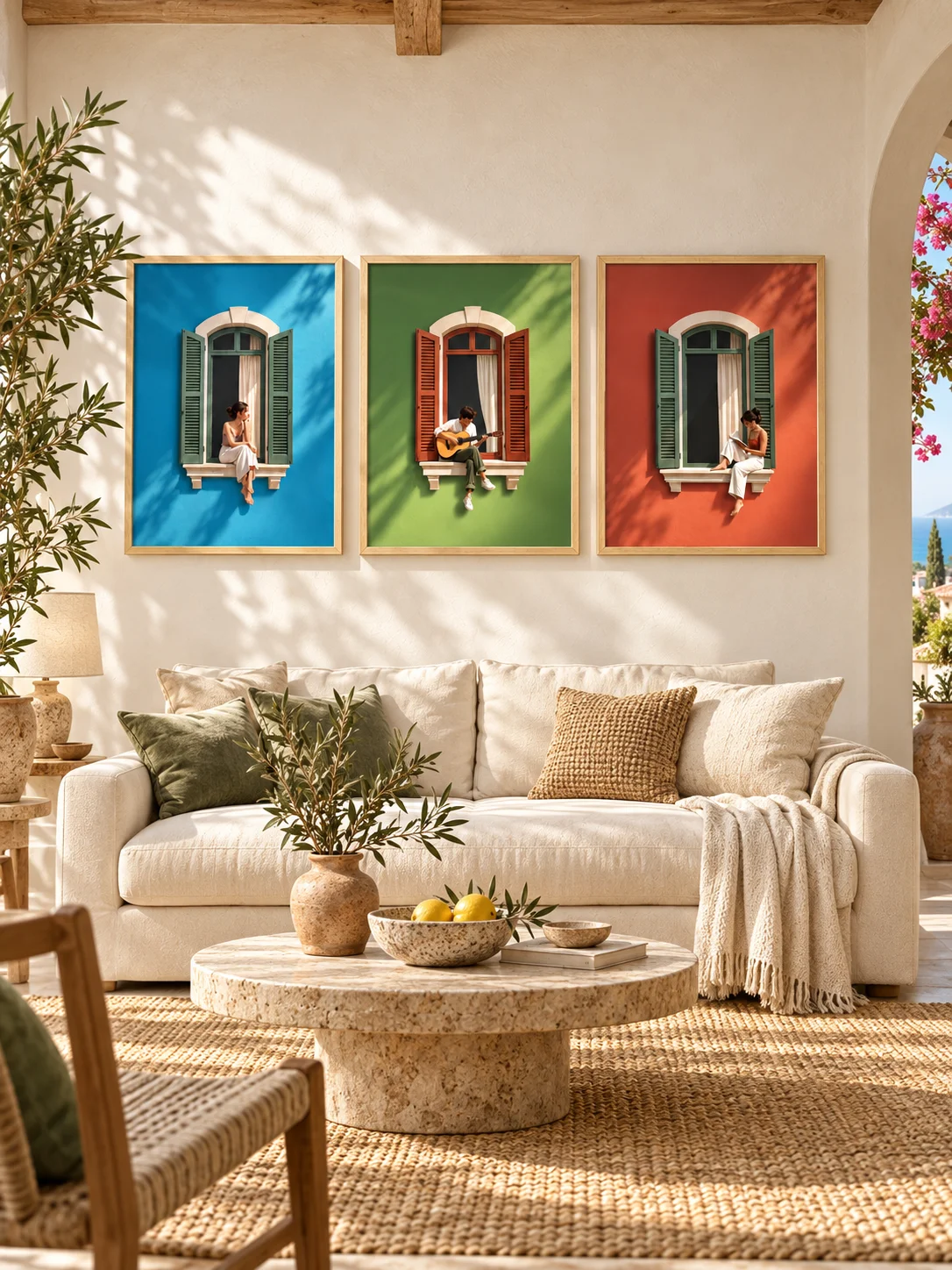 Mediterranean Window Wall Art Set of 3, Colorful Figurative Prints, Italian Coastal Decor, Sunlit Woman Guitar Printable product image (7)