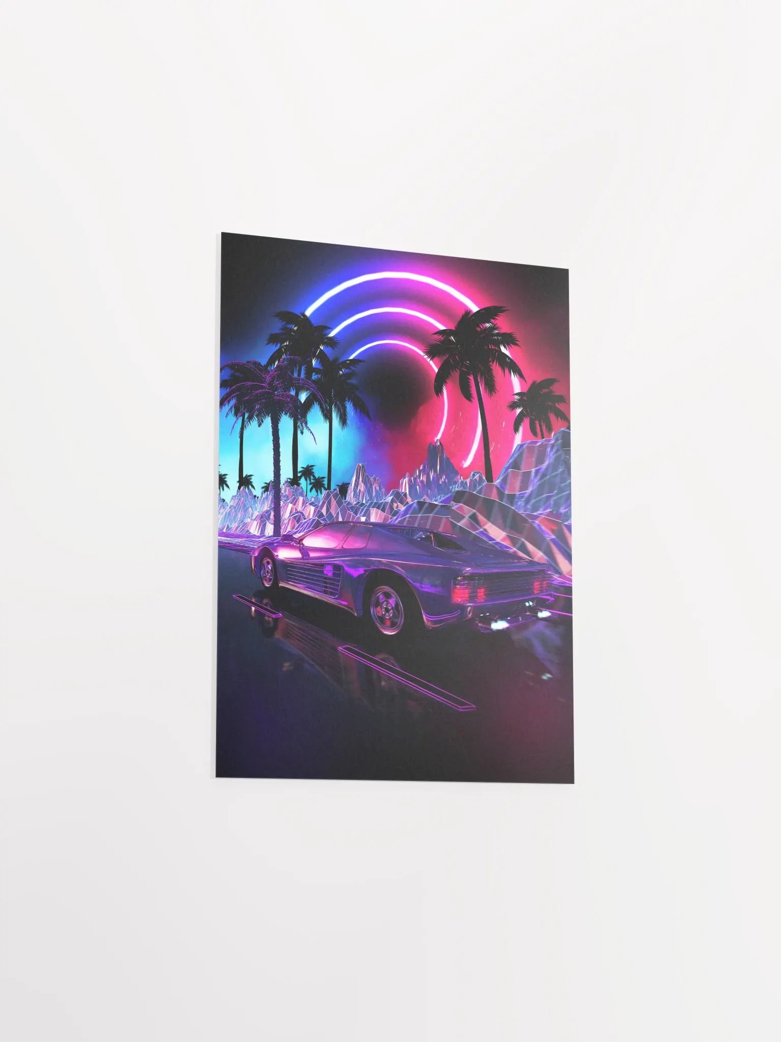 Neon landscape: Synthwave palms & car, outrun [synthwave/vaporwave/cyberpunk] — Aesthetic retrowave poster product image (8)
