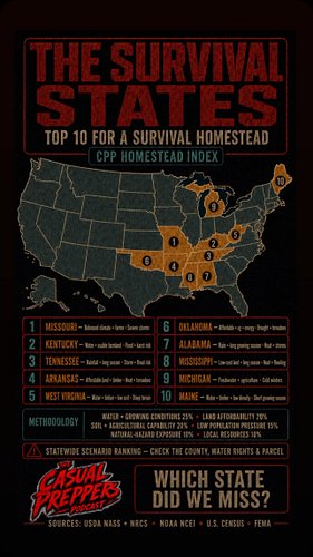 If you had to pick ONE state to build a survival homestead, where are you going?

We ranked all 50 states using water access,...