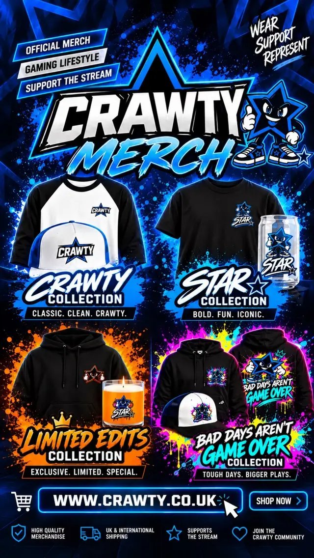 IT’S OFFICIALLY HERE! 🚨⭐ The CRAWTY Merch Store is now LIVE on my new website www.crawty.co.uk 🙌 Four collections. Loads of designs. Something for every part of the CRAWTY community: ⭐ CRAWTY Collection – Classic. Clean. CRAWTY. 🎮 STAR Collection – Bold. Fun. Iconic. 🎃 Limited Edits Collection – Exclusive. Limited. Special. 💙 Bad Days Aren’t Game Over Collection – designed by @Stacey🖤ᛑᛗᛛ  Every order helps support the stream and everything we’re building around CRAWTY. 💙 🌍 UK & International Shipping 🛒 SHOP NOW: www.crawty.co.uk Wear it. Support it. Represent it. ⭐ #gaming #gamer #support #share #followformore 