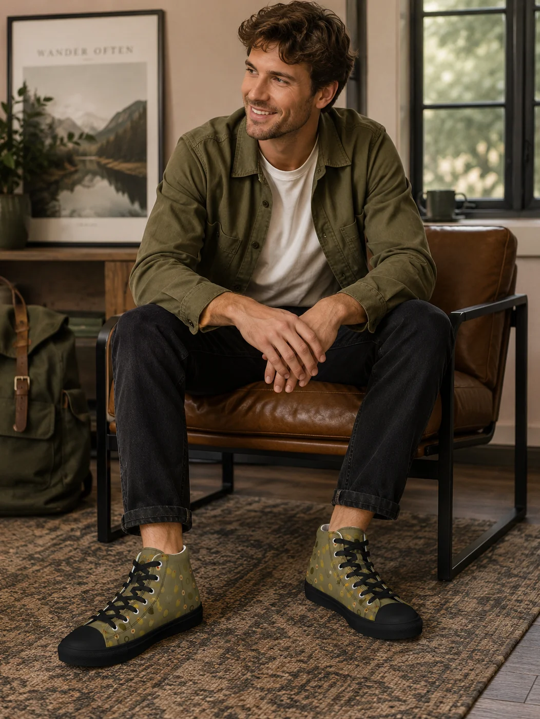 Olive Geometry Men's High Top Canvas Shoes product image (1)