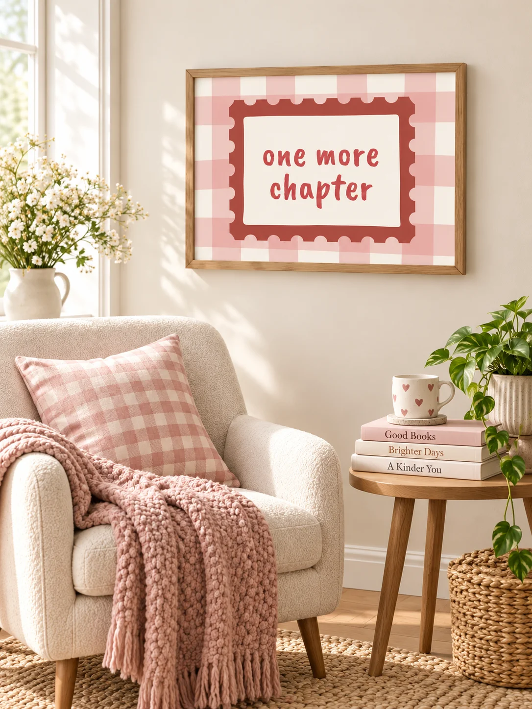 One More Chapter Print | Book Lover Decor | Pink Gingham Reading Nook | Literary Quote Poster | Cozy Library Digital Download product image (9)