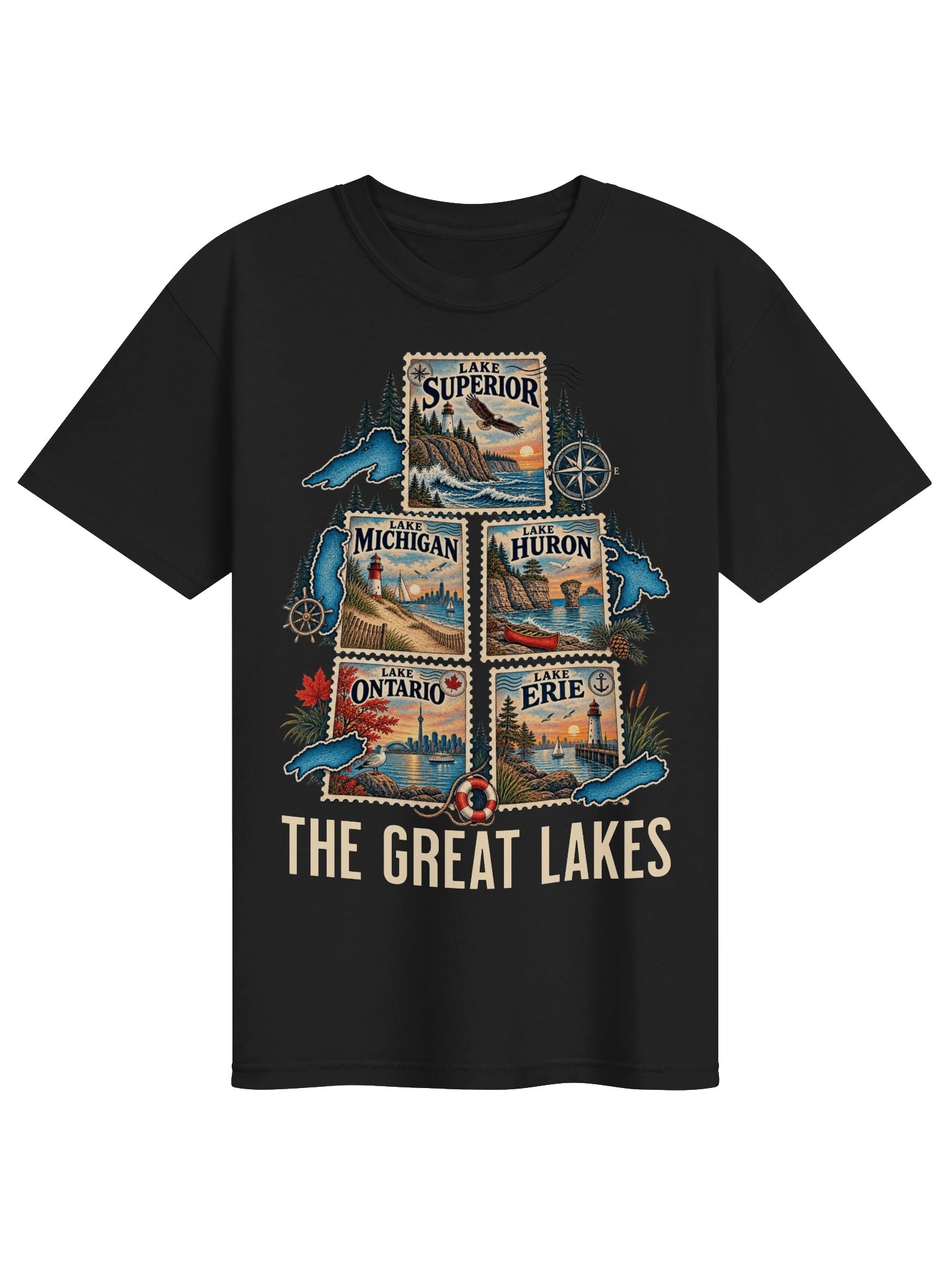 Great Lakes T-Shirt, Vintage Postage Stamps Great Lakes Shirt, Lake Ontario Superior Michigan Huron Erie tee , Lake Life Souvenir Gift product image (1)