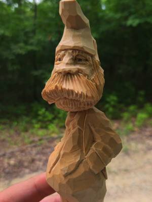 The most Dapper Banker Gnome you've seem this week!   I make silly things out of wood.  Hand carved from an 8 inch tall block of basswood 2inch by 2inch wide, using, knives, a vtool and some dockyard gouges. #woodcarving #caricaturecarving #fantasyart #fantasyartist #woodcarver