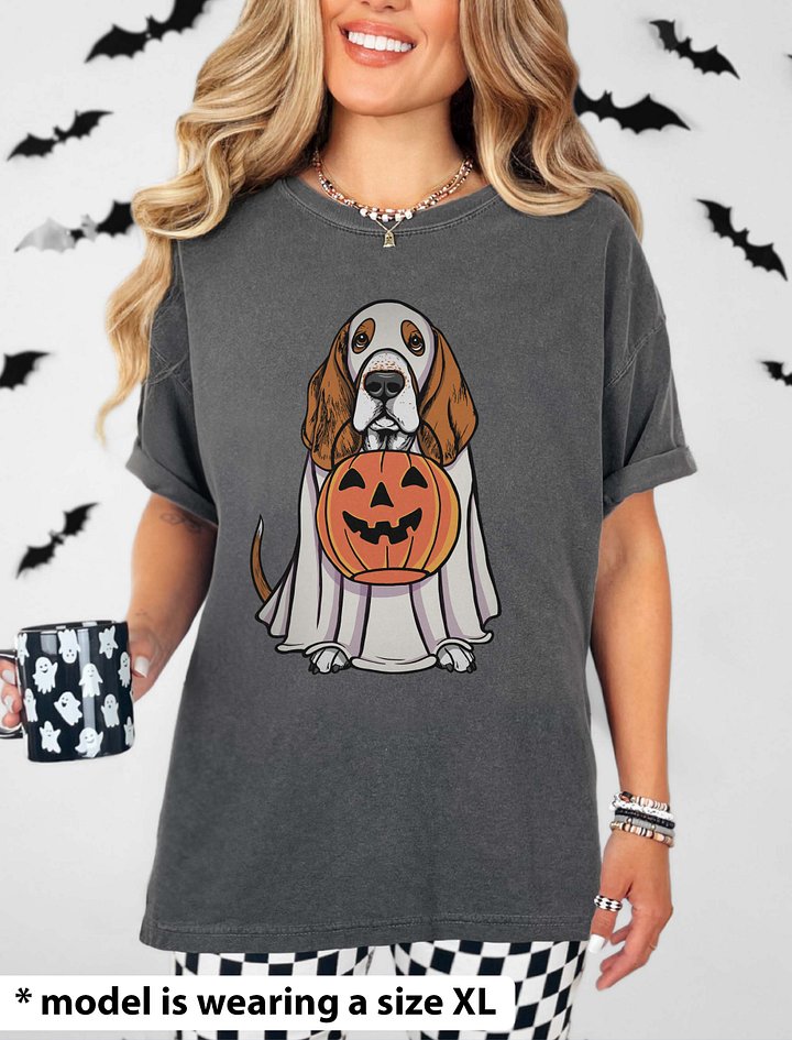 Funny Halloween Basset Hound T-Shirt | Funny Basset Hound Wearing a Ghost Costume and Holding a Pumpkin Basket product image (2)