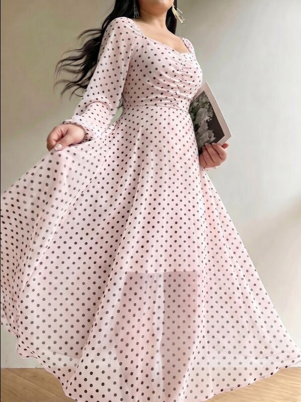 Modelyn Spring/Autumn Polka Dot Cinched Cinched Waist Elegant Fashionable Flared Long Dress Brunch Tea Party Light Pink product image (5)