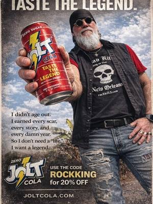 I didn’t age out. I earned every damn year. This isn’t a “lite” life. It’s a loud one. Taste the legend. Use code ROCKKING for 20% off. #StillLoud #TasteTheLegend #RockKing #joltcola #redcon1 