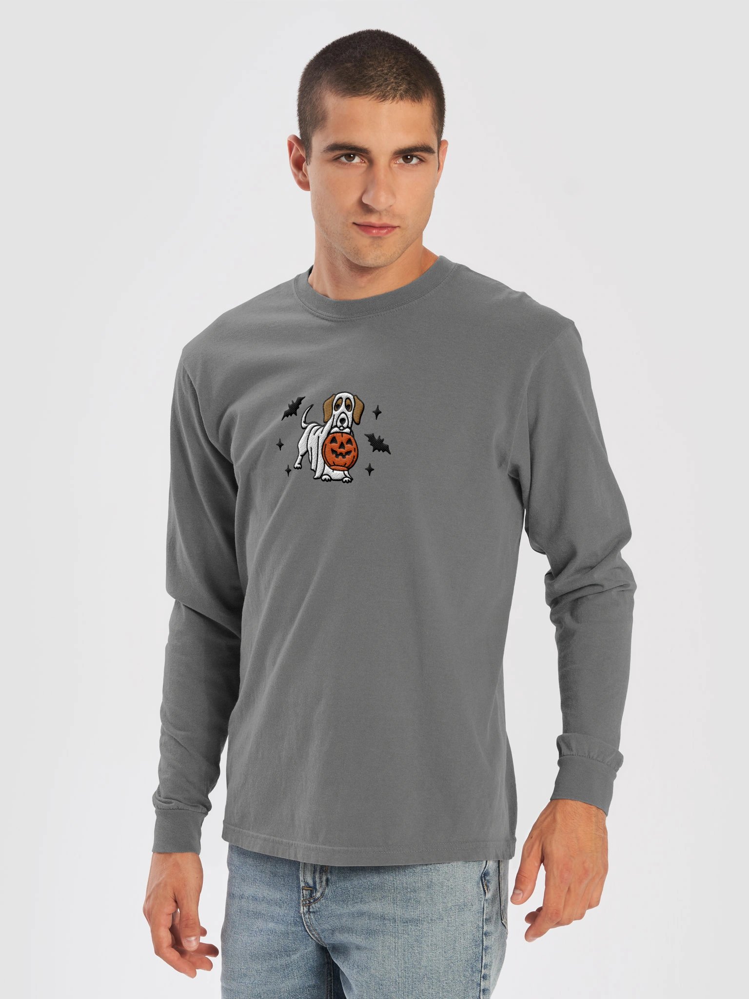 Halloween Dachshund(Pied, Brown) Embroidered Long-sleeved T-Shirt product image (2)