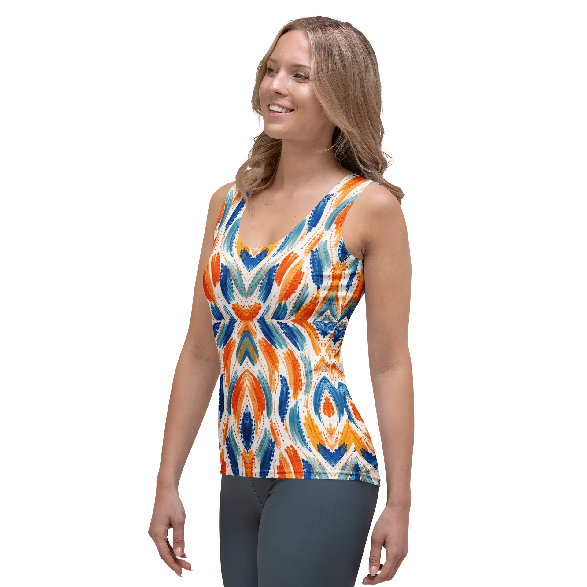 Ocean Vibe: Tribal Ikat Fusion in Blau & Orange Empower All-Over Women's Tank Top product image (3)