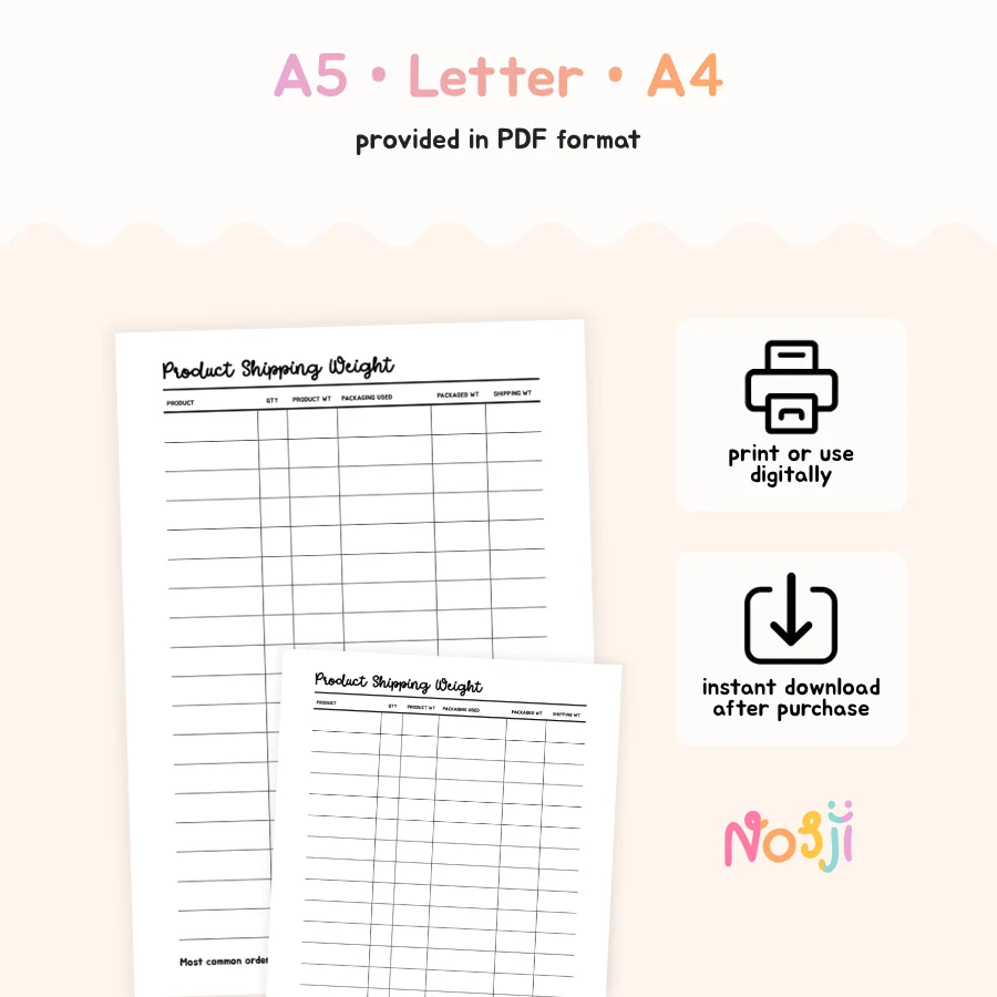 Product Shipping Weight Printable Shipping Weight Tracker product image (2)
