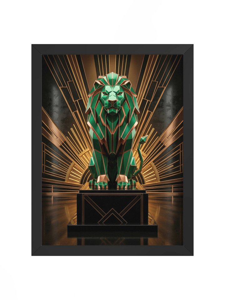 Regal Geometric Lion Canvas - Neo-Deco Emerald & Gold Wall Art product image (1)