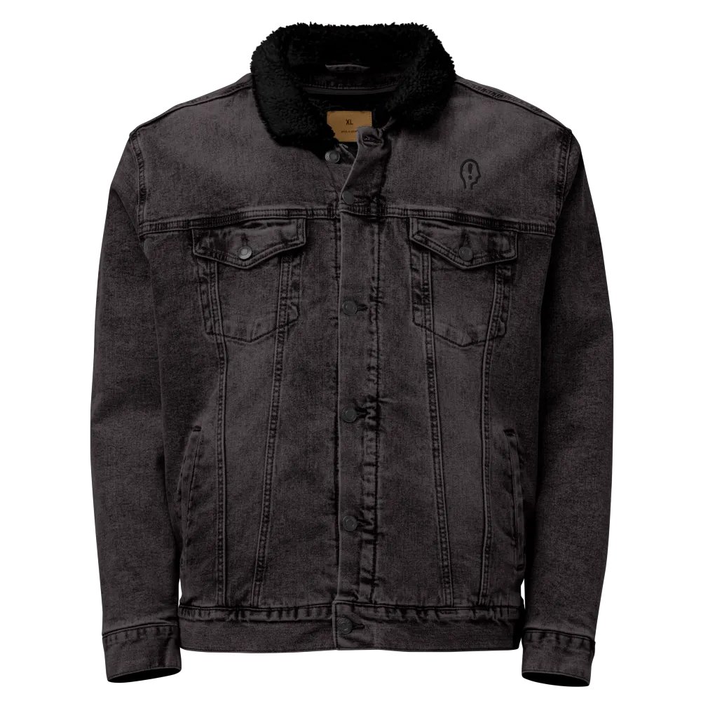EXCLAIMING MENTALLY (black) embroidered denim sherpa jacket product image (1)