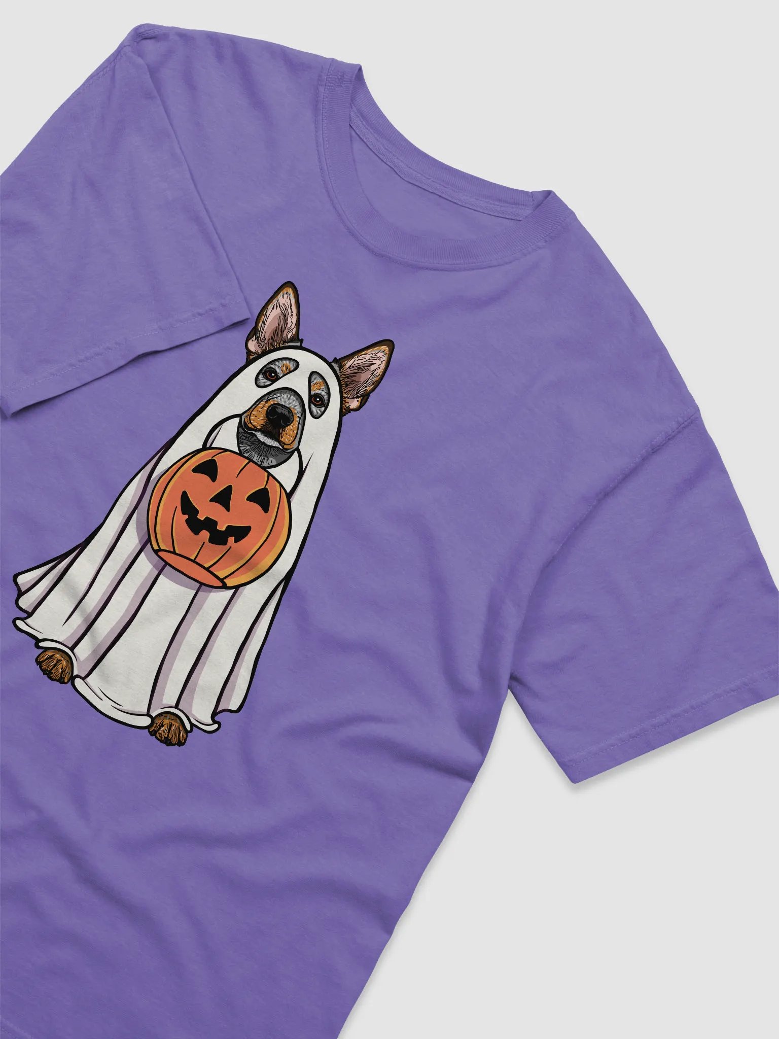 Funny Halloween Australian Cattle Dog T-Shirt | Funny Blue Heeler Wearing a Ghost Costume and Holding a Pumpkin Basket product image (6)