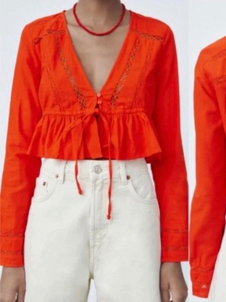 Zara Coral Red Lace Detail Peplum Crop Top 100% Cotton Size Small product image (2)