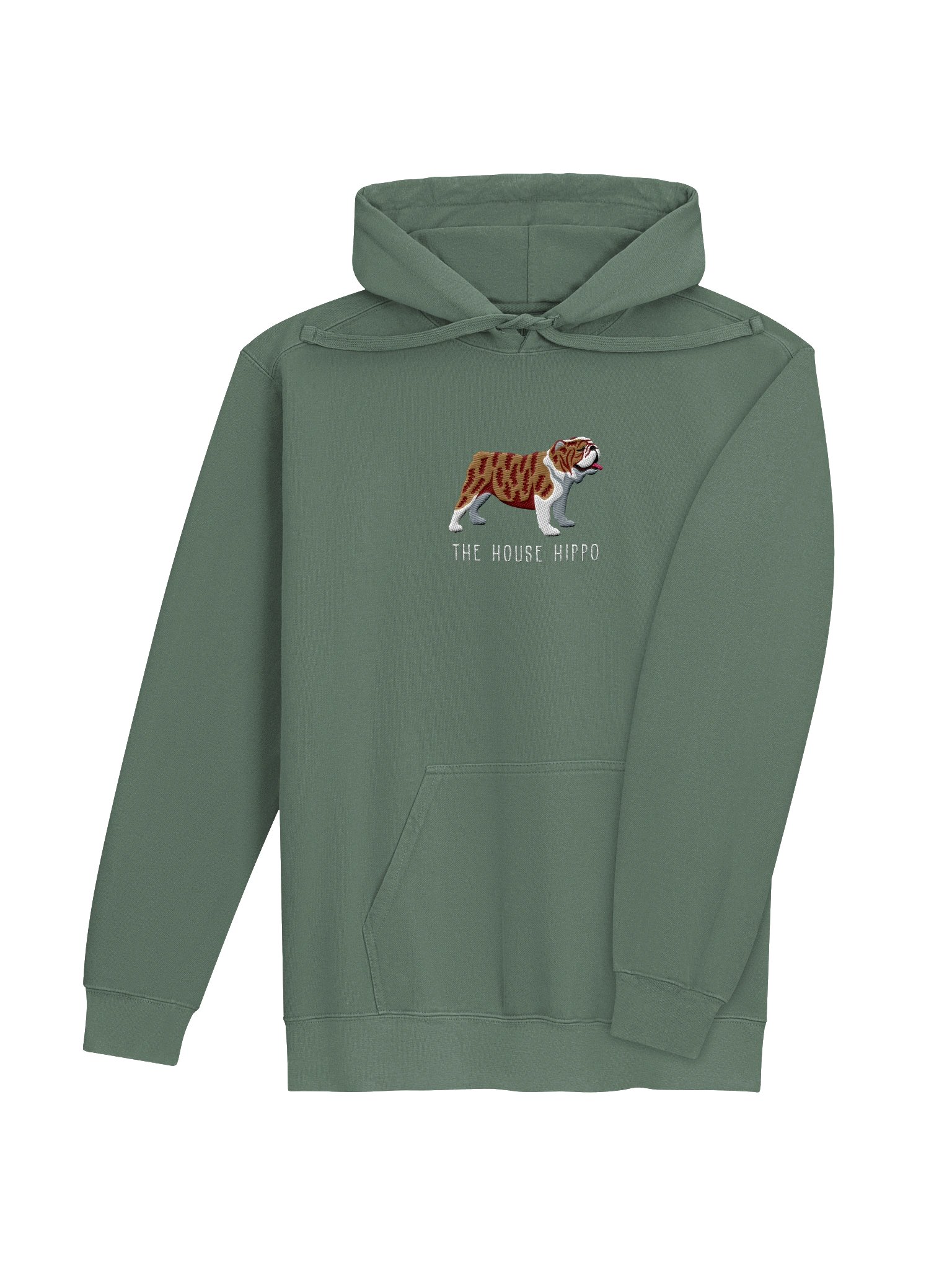 The House Hippo Premium Hoodie (Embroidered) of an English Bulldog(Brindle & White) product image (12)